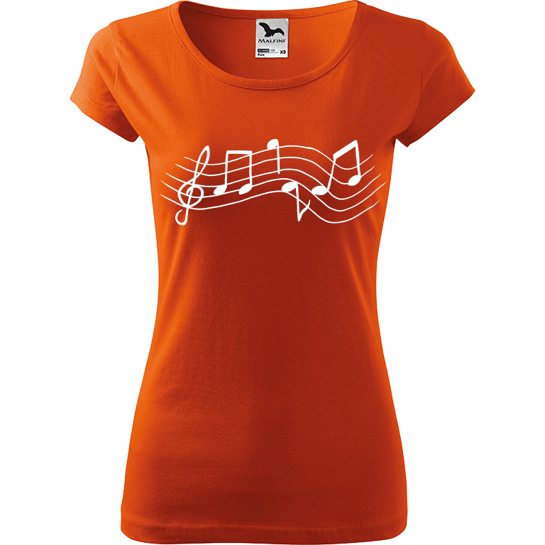 Ručně malované dámské bavlněné tričko - Noty - Rovné Barva trička: ORANŽOVÁ, Velikost trička: XL, Barva motivu: BÍLÁ