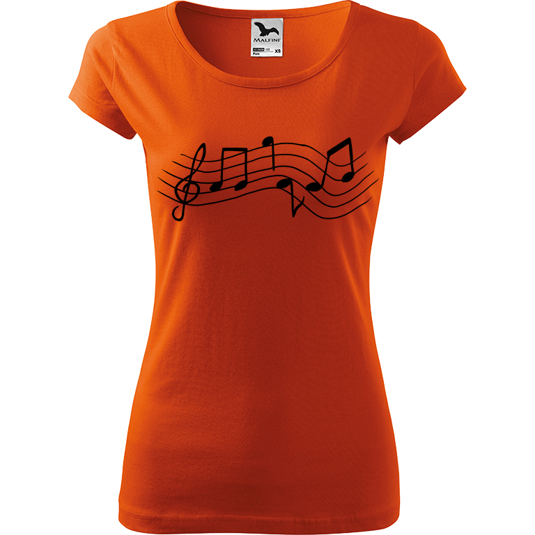 Ručně malované dámské bavlněné tričko - Noty - Rovné Barva trička: ORANŽOVÁ, Velikost trička: XL, Barva motivu: ČERNÁ