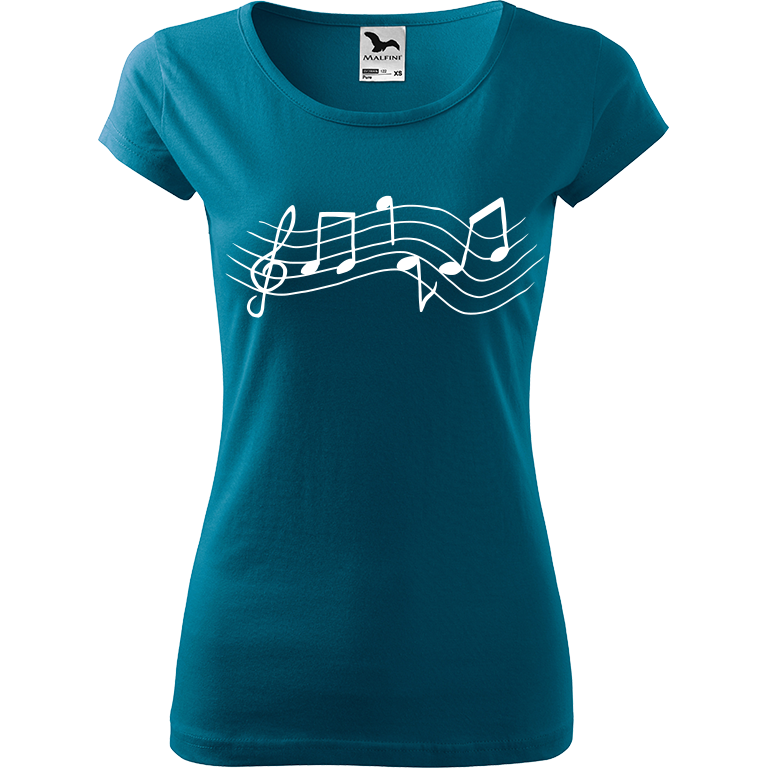 Ručně malované dámské bavlněné tričko - Noty - Rovné Barva trička: PETROLEJOVÁ, Velikost trička: XS, Barva motivu: BÍLÁ