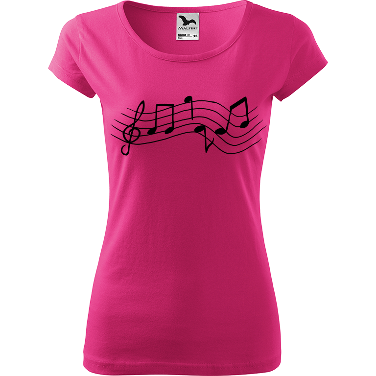 Ručně malované dámské bavlněné tričko - Noty - Rovné Barva trička: RŮŽOVÁ, Velikost trička: XL, Barva motivu: ČERNÁ