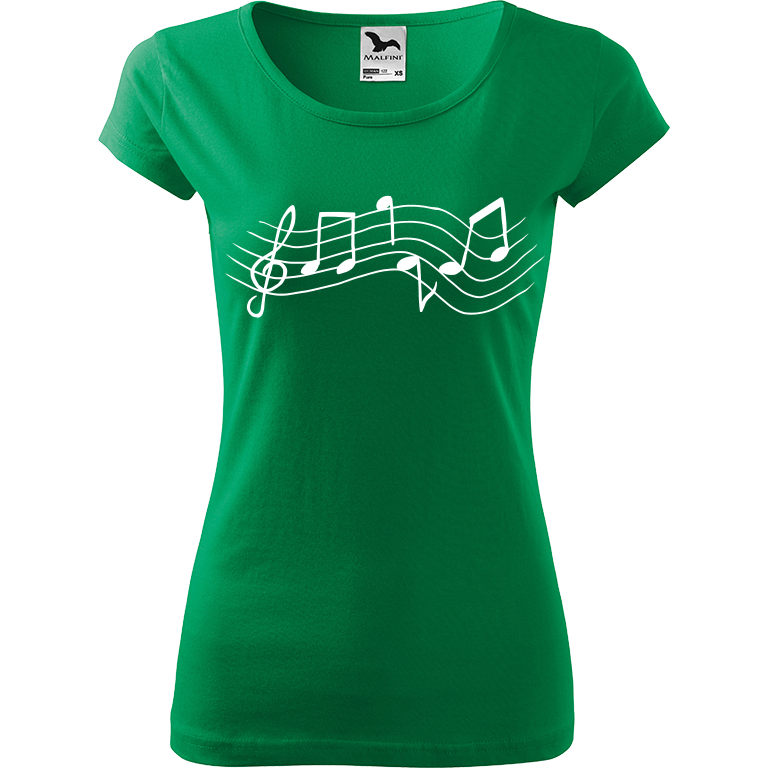 Ručně malované dámské bavlněné tričko - Noty - Rovné Barva trička: STŘEDNĚ ZELENÁ, Velikost trička: XL, Barva motivu: BÍLÁ