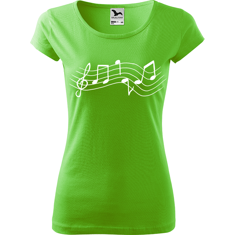 Ručně malované dámské bavlněné tričko - Noty - Rovné Barva trička: SVĚTLE ZELENÁ, Velikost trička: L, Barva motivu: BÍLÁ