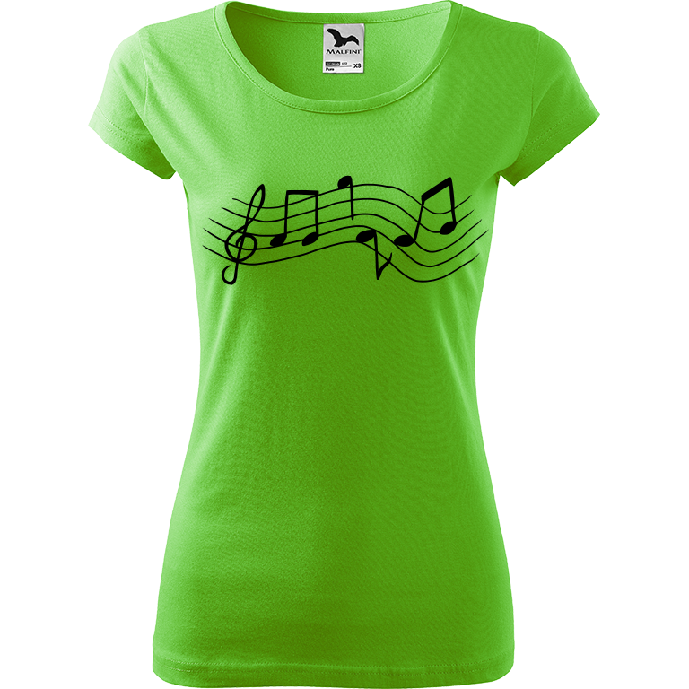 Ručně malované dámské bavlněné tričko - Noty - Rovné Barva trička: SVĚTLE ZELENÁ, Velikost trička: XL, Barva motivu: ČERNÁ
