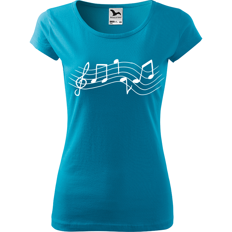 Ručně malované dámské bavlněné tričko - Noty - Rovné Barva trička: TYRKYSOVÁ, Velikost trička: S, Barva motivu: BÍLÁ