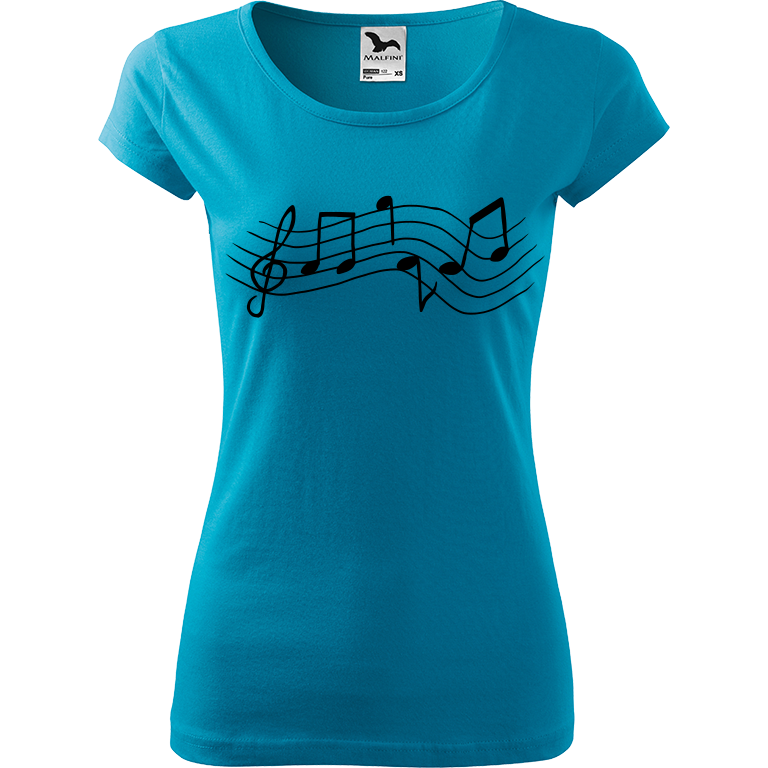 Ručně malované dámské bavlněné tričko - Noty - Rovné Barva trička: TYRKYSOVÁ, Velikost trička: M, Barva motivu: ČERNÁ