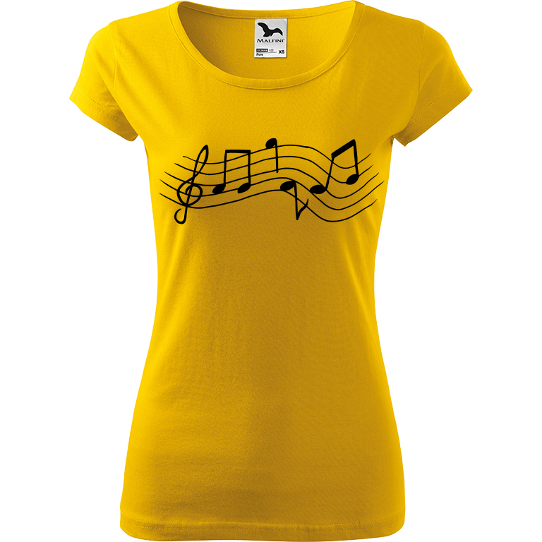 Ručně malované dámské bavlněné tričko - Noty - Rovné Barva trička: ŽLUTÁ, Velikost trička: M, Barva motivu: ČERNÁ