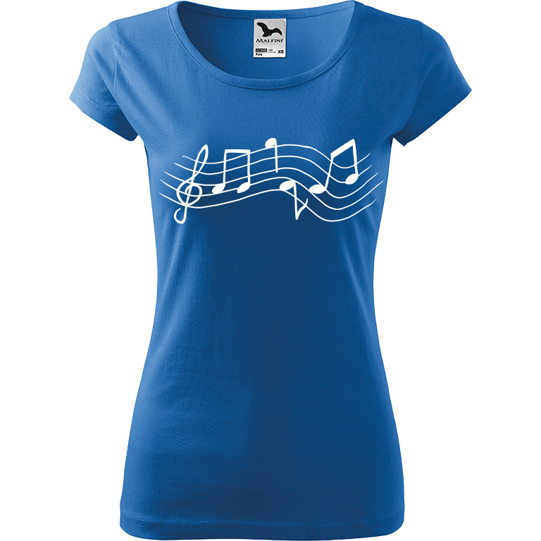 Ručně malované dámské bavlněné tričko - Noty - Rovné Barva trička: AZUROVÁ, Velikost trička: XS, Barva motivu: BÍLÁ