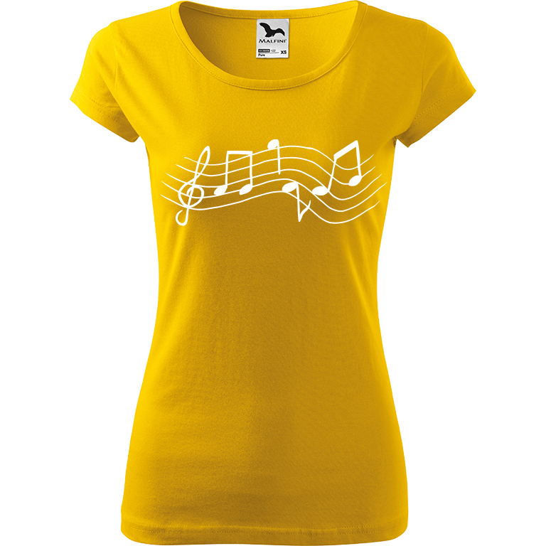 Ručně malované dámské bavlněné tričko - Noty - Rovné Barva trička: ŽLUTÁ, Velikost trička: XXL, Barva motivu: BÍLÁ