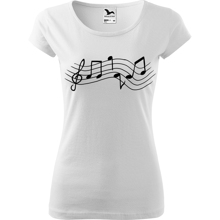 Ručně malované dámské bavlněné tričko - Noty - Rovné Barva trička: BÍLÁ, Velikost trička: XL, Barva motivu: ČERNÁ