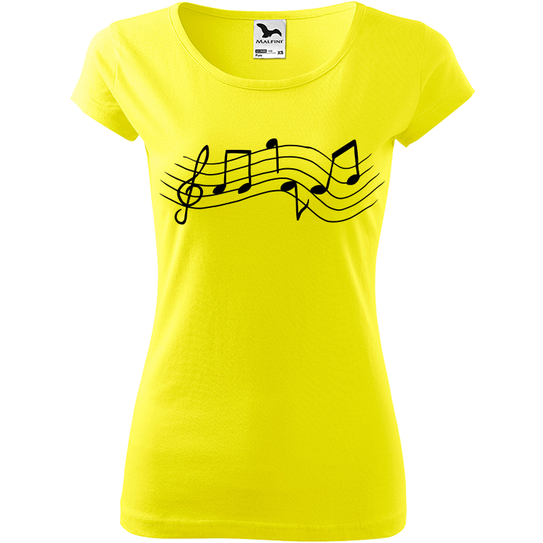 Ručně malované dámské bavlněné tričko - Noty - Rovné Barva trička: CITRONOVÁ, Velikost trička: S, Barva motivu: ČERNÁ