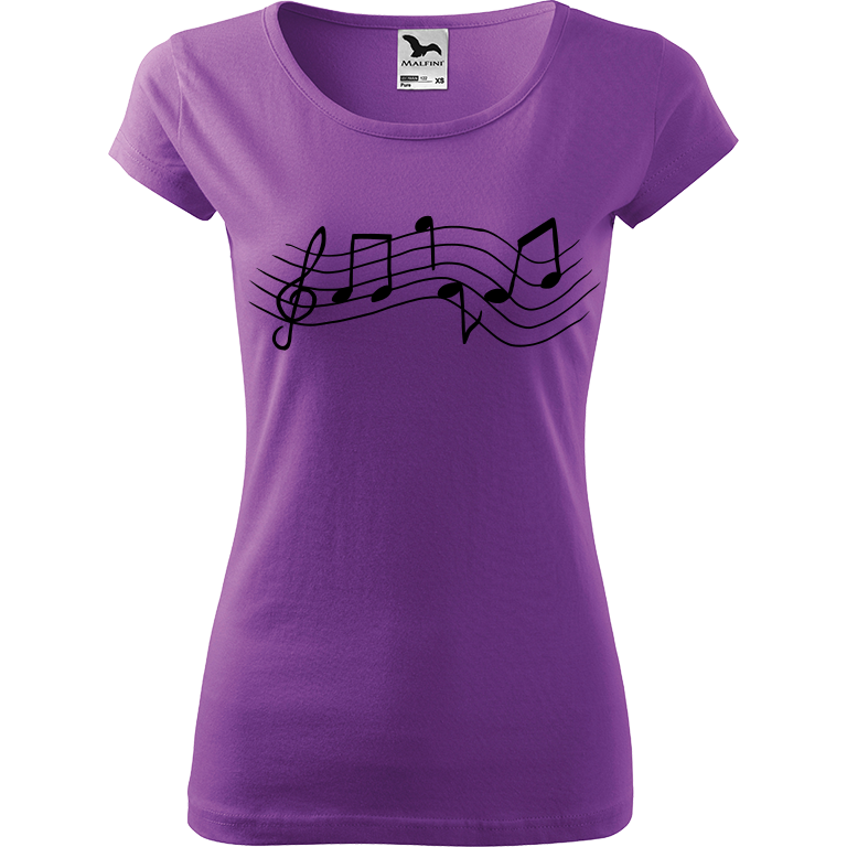 Ručně malované dámské bavlněné tričko - Noty - Rovné Barva trička: FIALOVÁ, Velikost trička: XL, Barva motivu: ČERNÁ