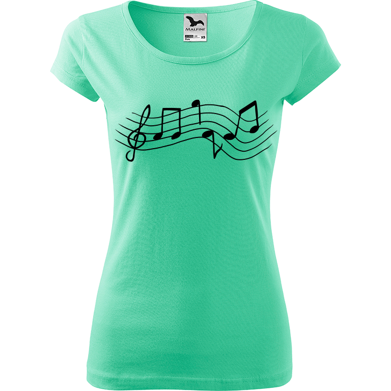 Ručně malované dámské bavlněné tričko - Noty - Rovné Barva trička: MÁTOVÁ, Velikost trička: S, Barva motivu: ČERNÁ