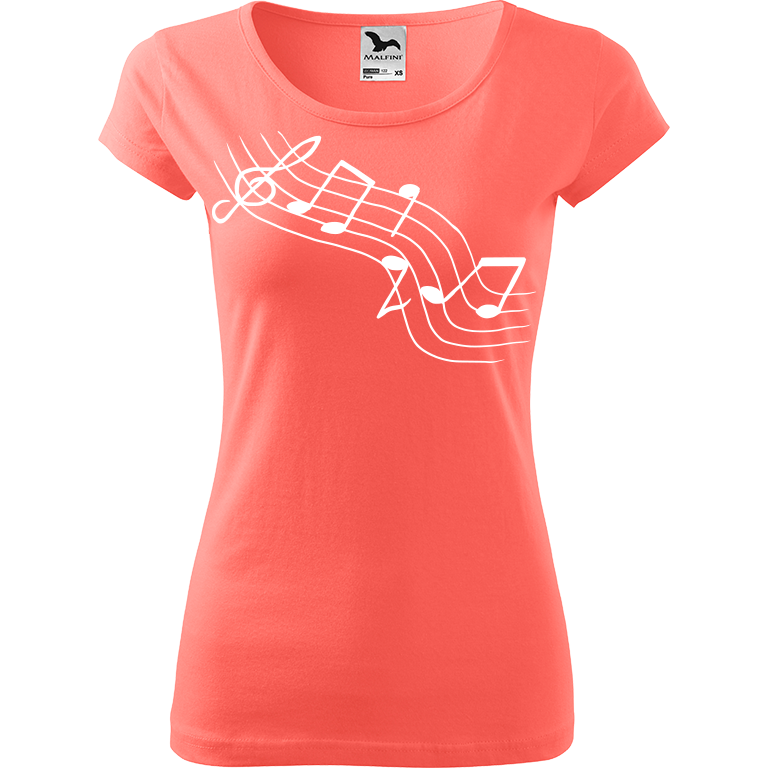 Ručně malované dámské bavlněné tričko - Noty - Šikmé Barva trička: KORÁLOVÁ, Velikost trička: S, Barva motivu: BÍLÁ