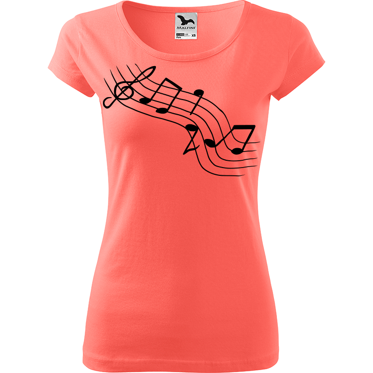 Ručně malované dámské bavlněné tričko - Noty - Šikmé Barva trička: KORÁLOVÁ, Velikost trička: XL, Barva motivu: ČERNÁ