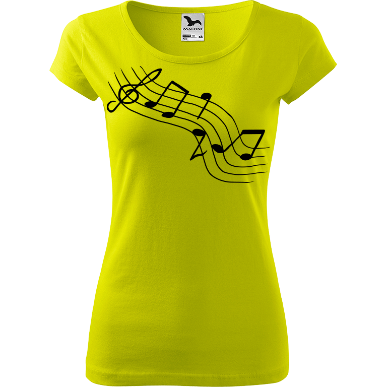 Ručně malované dámské bavlněné tričko - Noty - Šikmé Barva trička: LIMETKOVÁ, Velikost trička: L, Barva motivu: ČERNÁ