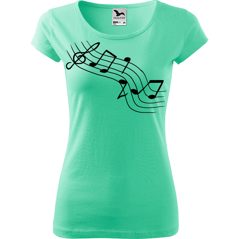 Ručně malované dámské bavlněné tričko - Noty - Šikmé Barva trička: MÁTOVÁ, Velikost trička: L, Barva motivu: ČERNÁ