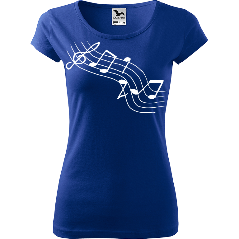 Ručně malované dámské bavlněné tričko - Noty - Šikmé Barva trička: MODRÁ, Velikost trička: XS, Barva motivu: BÍLÁ