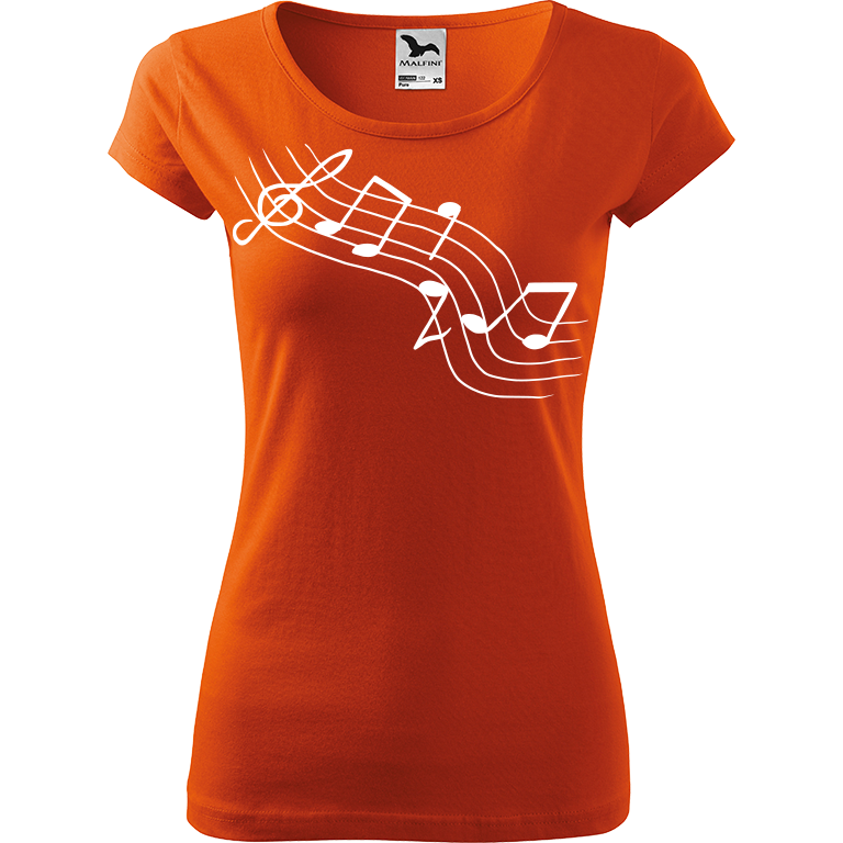 Ručně malované dámské bavlněné tričko - Noty - Šikmé Barva trička: ORANŽOVÁ, Velikost trička: M, Barva motivu: BÍLÁ