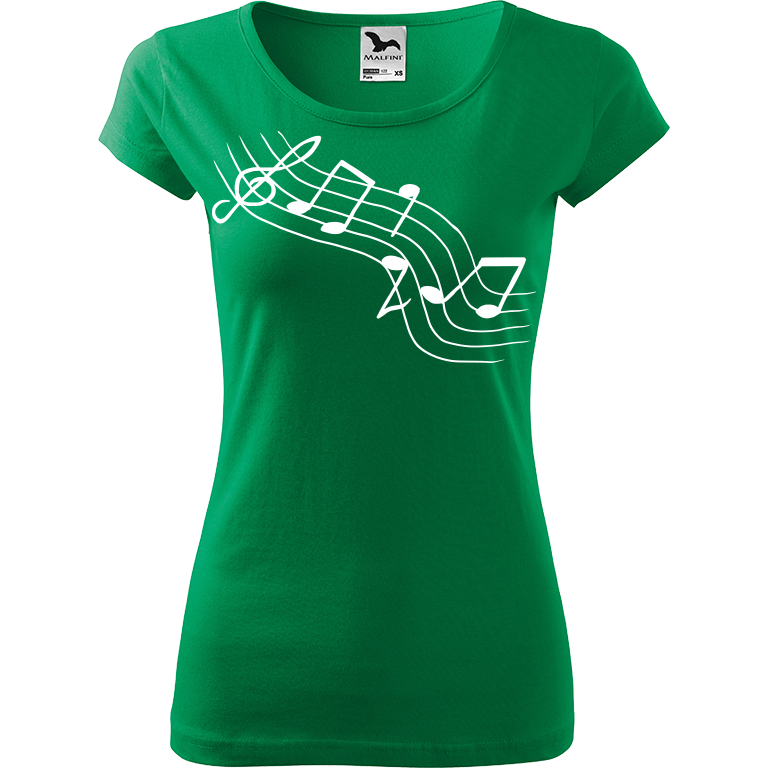 Ručně malované dámské bavlněné tričko - Noty - Šikmé Barva trička: STŘEDNĚ ZELENÁ, Velikost trička: XL, Barva motivu: BÍLÁ