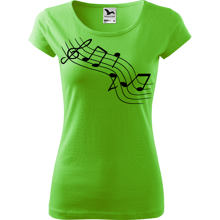Ručně malované dámské bavlněné tričko - Noty - Šikmé Barva trička: SVĚTLE ZELENÁ, Velikost trička: XL, Barva motivu: ČERNÁ