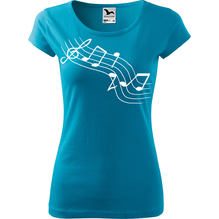 Ručně malované dámské bavlněné tričko - Noty - Šikmé Barva trička: TYRKYSOVÁ, Velikost trička: XXL, Barva motivu: BÍLÁ