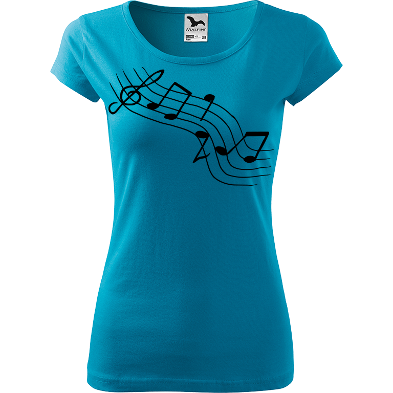 Ručně malované dámské bavlněné tričko - Noty - Šikmé Barva trička: TYRKYSOVÁ, Velikost trička: S, Barva motivu: ČERNÁ