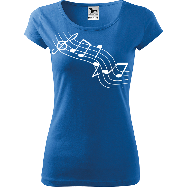 Ručně malované dámské bavlněné tričko - Noty - Šikmé Barva trička: AZUROVÁ, Velikost trička: XS, Barva motivu: BÍLÁ