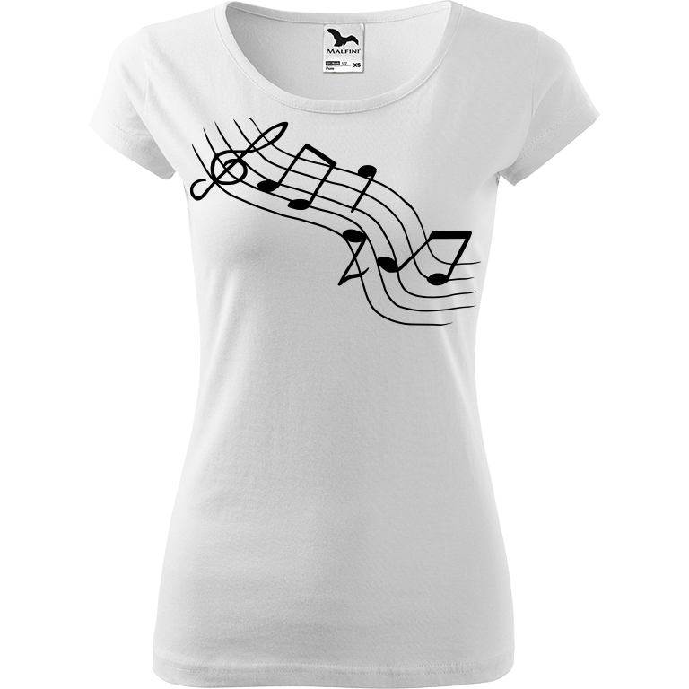 Ručně malované dámské bavlněné tričko - Noty - Šikmé Barva trička: BÍLÁ, Velikost trička: XS, Barva motivu: ČERNÁ