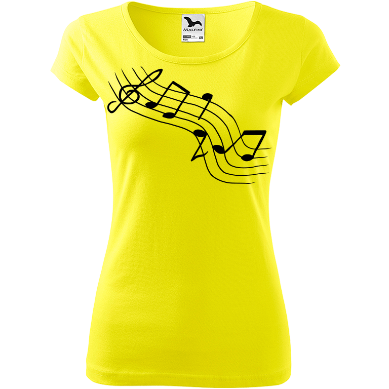 Ručně malované dámské bavlněné tričko - Noty - Šikmé Barva trička: CITRONOVÁ, Velikost trička: M, Barva motivu: ČERNÁ