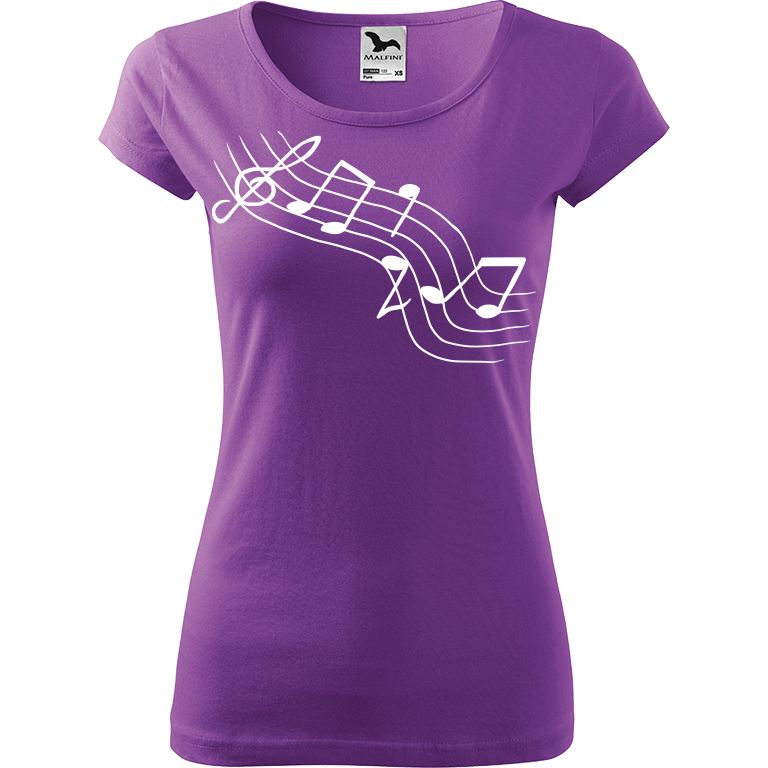 Ručně malované dámské bavlněné tričko - Noty - Šikmé Barva trička: FIALOVÁ, Velikost trička: XL, Barva motivu: BÍLÁ