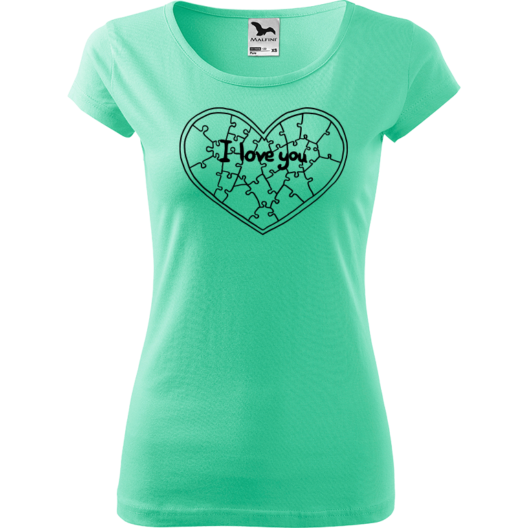 Ručně malované dámské bavlněné tričko - Puzzle Srdce Barva trička: MÁTOVÁ, Velikost trička: XL, Barva motivu: ČERNÁ