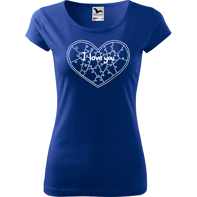 Ručně malované dámské bavlněné tričko - Puzzle Srdce Barva trička: MODRÁ, Velikost trička: XL, Barva motivu: BÍLÁ