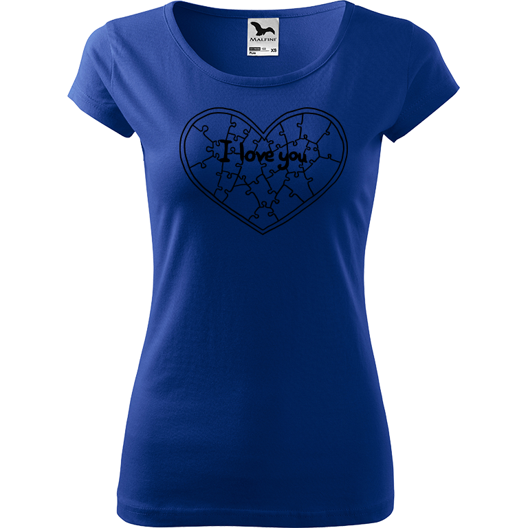 Ručně malované dámské bavlněné tričko - Puzzle Srdce Barva trička: MODRÁ, Velikost trička: S, Barva motivu: ČERNÁ