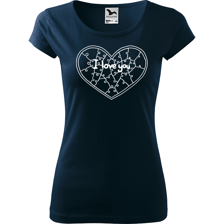 Ručně malované dámské bavlněné tričko - Puzzle Srdce Barva trička: NÁMOŘNICKÁ MODRÁ, Velikost trička: S, Barva motivu: BÍLÁ