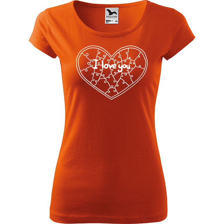 Ručně malované dámské bavlněné tričko - Puzzle Srdce Barva trička: ORANŽOVÁ, Velikost trička: M, Barva motivu: BÍLÁ