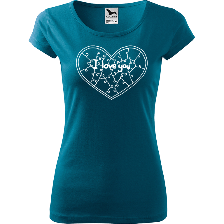 Ručně malované dámské bavlněné tričko - Puzzle Srdce Barva trička: PETROLEJOVÁ, Velikost trička: XS, Barva motivu: BÍLÁ