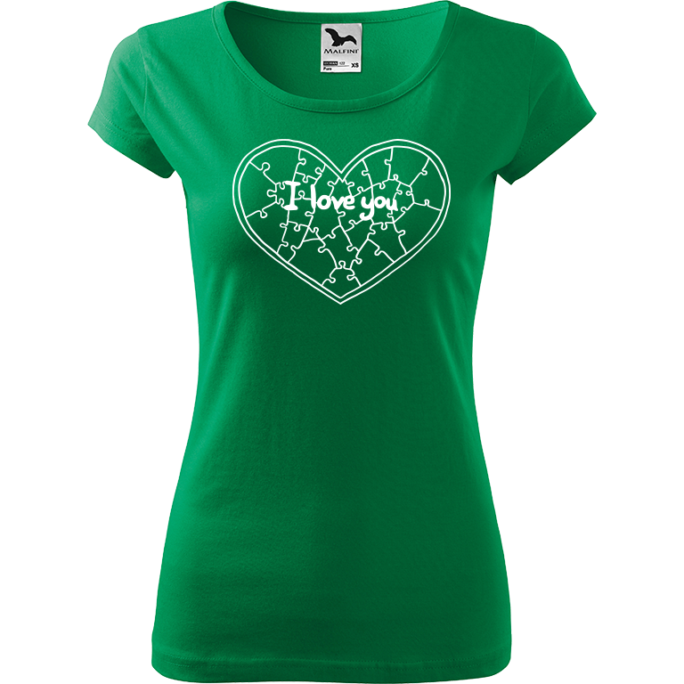 Ručně malované dámské bavlněné tričko - Puzzle Srdce Barva trička: STŘEDNĚ ZELENÁ, Velikost trička: XS, Barva motivu: BÍLÁ