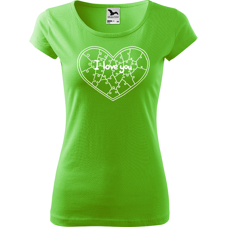 Ručně malované dámské bavlněné tričko - Puzzle Srdce Barva trička: SVĚTLE ZELENÁ, Velikost trička: XL, Barva motivu: BÍLÁ