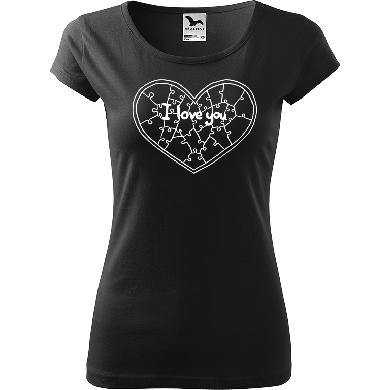 Ručně malované dámské bavlněné tričko - Puzzle Srdce Barva trička: ČERNÁ, Velikost trička: XS, Barva motivu: BÍLÁ
