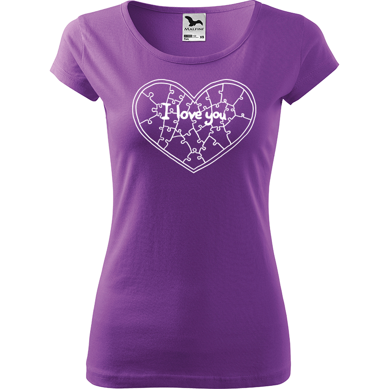 Ručně malované dámské bavlněné tričko - Puzzle Srdce Barva trička: FIALOVÁ, Velikost trička: XS, Barva motivu: BÍLÁ