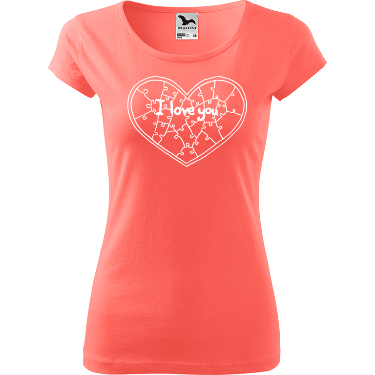 Ručně malované dámské bavlněné tričko - Puzzle Srdce Barva trička: KORÁLOVÁ, Velikost trička: XS, Barva motivu: BÍLÁ