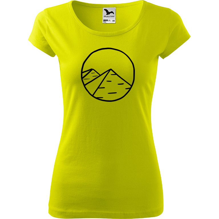 Ručně malované dámské bavlněné tričko - Pyramidy Barva trička: LIMETKOVÁ, Velikost trička: L, Barva motivu: ČERNÁ