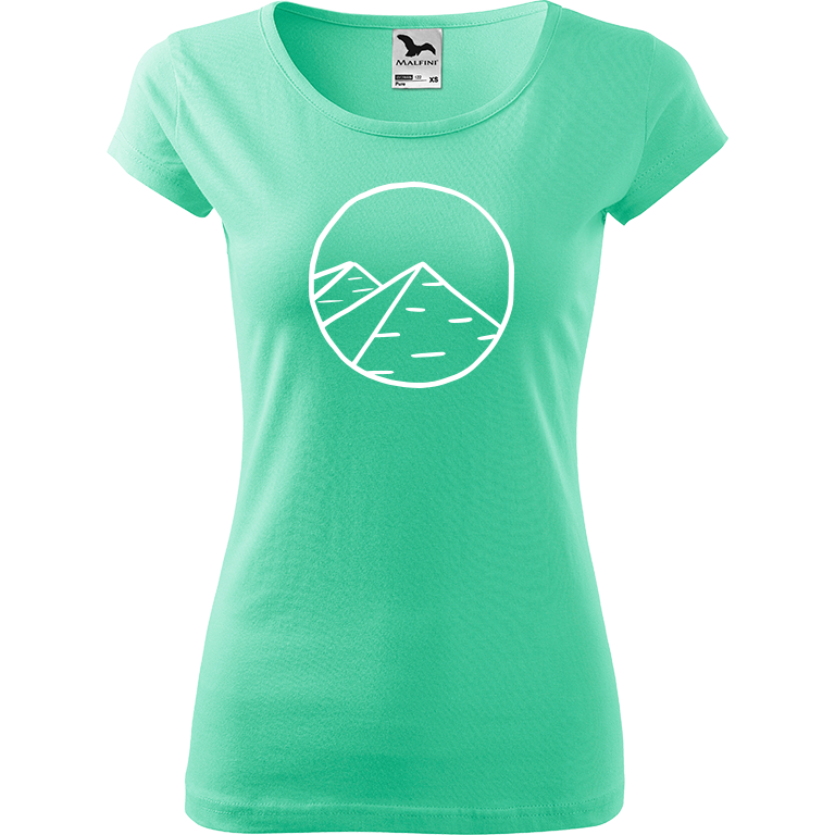 Ručně malované dámské bavlněné tričko - Pyramidy Barva trička: MÁTOVÁ, Velikost trička: M, Barva motivu: BÍLÁ