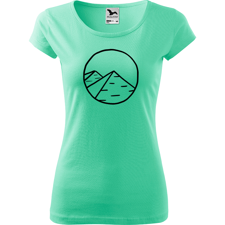 Ručně malované dámské bavlněné tričko - Pyramidy Barva trička: MÁTOVÁ, Velikost trička: XL, Barva motivu: ČERNÁ