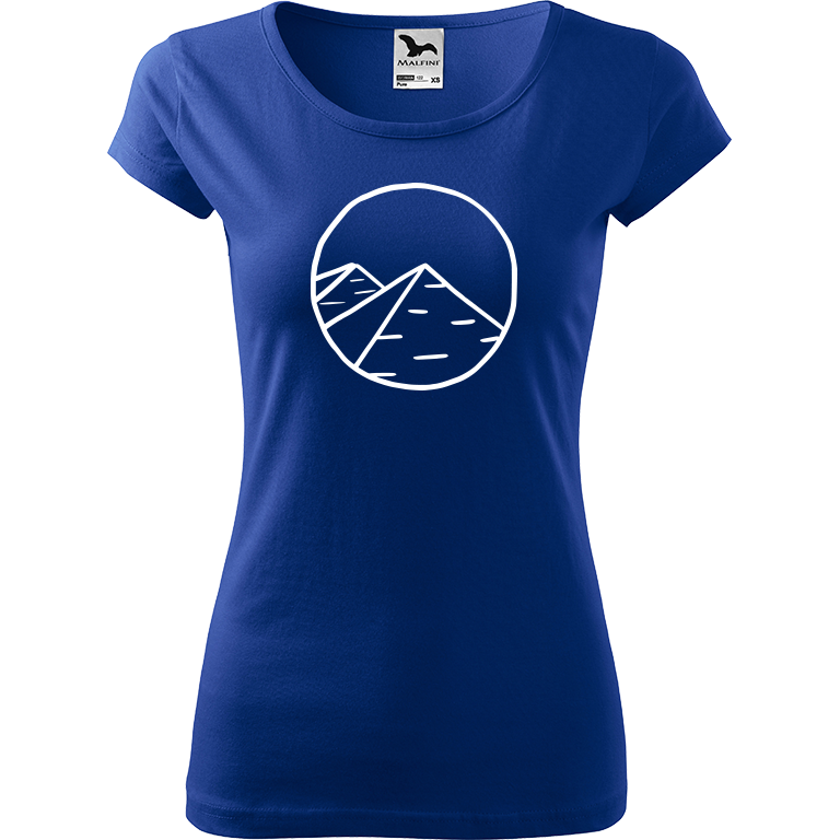 Ručně malované dámské bavlněné tričko - Pyramidy Barva trička: MODRÁ, Velikost trička: XL, Barva motivu: BÍLÁ