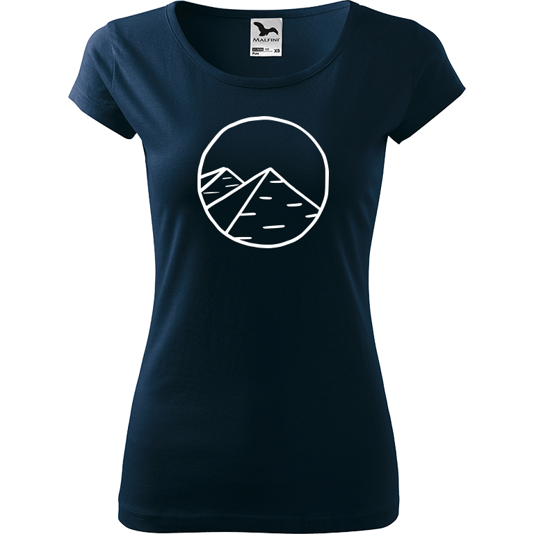 Ručně malované dámské bavlněné tričko - Pyramidy Barva trička: NÁMOŘNICKÁ MODRÁ, Velikost trička: M, Barva motivu: BÍLÁ