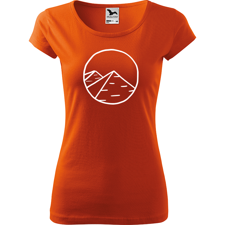 Ručně malované dámské bavlněné tričko - Pyramidy Barva trička: ORANŽOVÁ, Velikost trička: M, Barva motivu: BÍLÁ