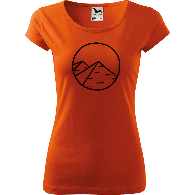Ručně malované dámské bavlněné tričko - Pyramidy Barva trička: ORANŽOVÁ, Velikost trička: XL, Barva motivu: ČERNÁ