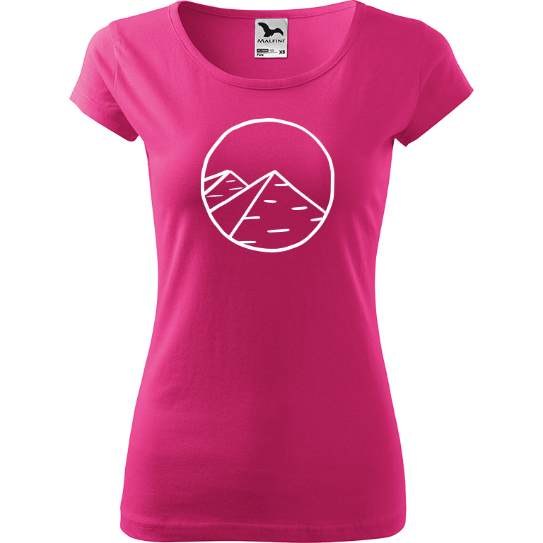 Ručně malované dámské bavlněné tričko - Pyramidy Barva trička: RŮŽOVÁ, Velikost trička: XL, Barva motivu: BÍLÁ
