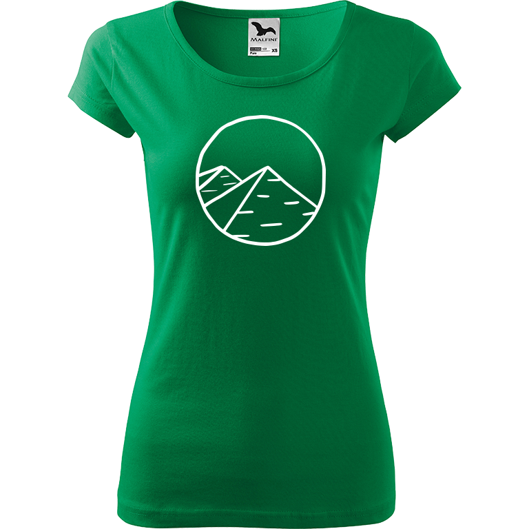 Ručně malované dámské bavlněné tričko - Pyramidy Barva trička: STŘEDNĚ ZELENÁ, Velikost trička: M, Barva motivu: BÍLÁ